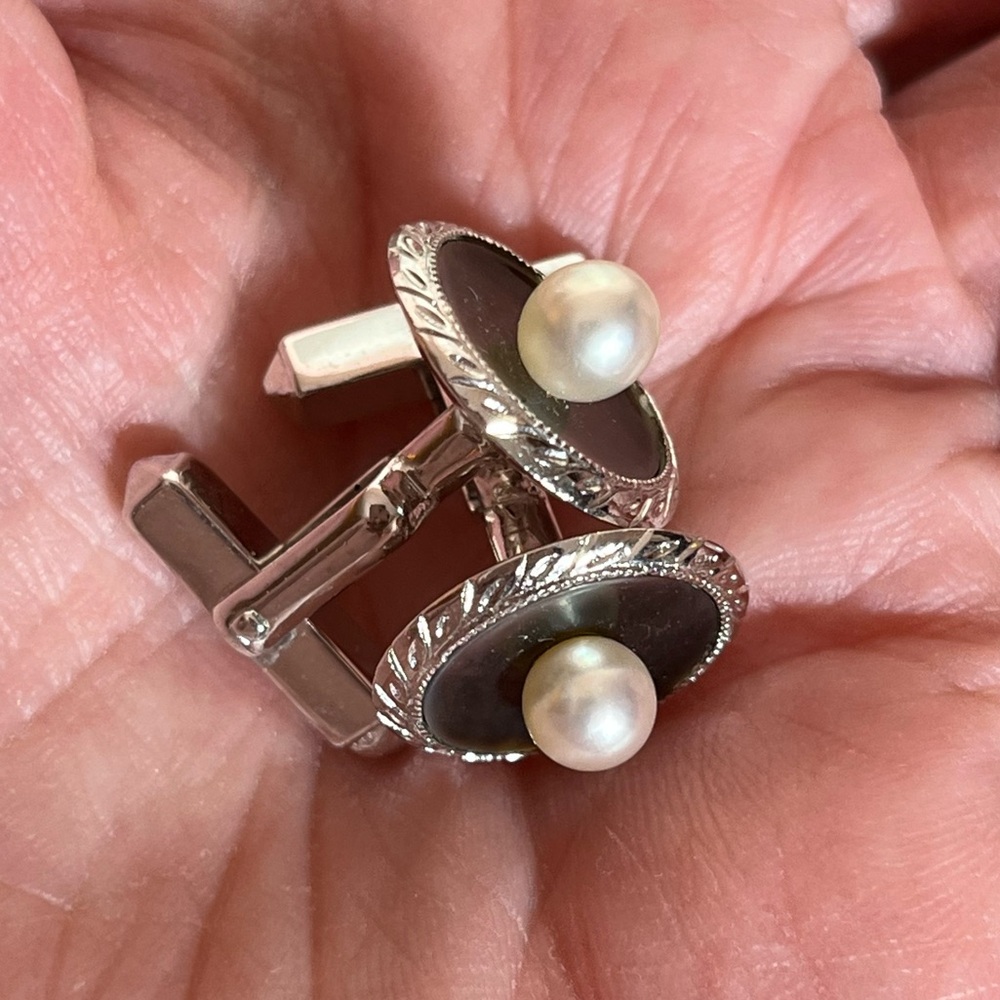 Antique Vintage Sterling silver MOP Real Pearl Round MCM Mod Art Deco Cufflinks